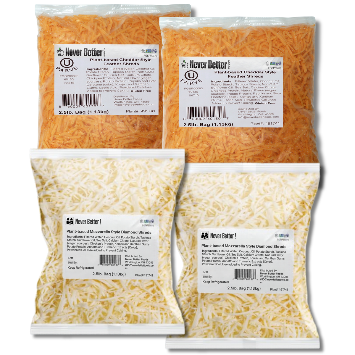 Dairy-Free Mozzarella & Cheddar Variety Pack – 4 x 2.5 lb Bags, Vegan, Plant-Based, Allergen-Friendly