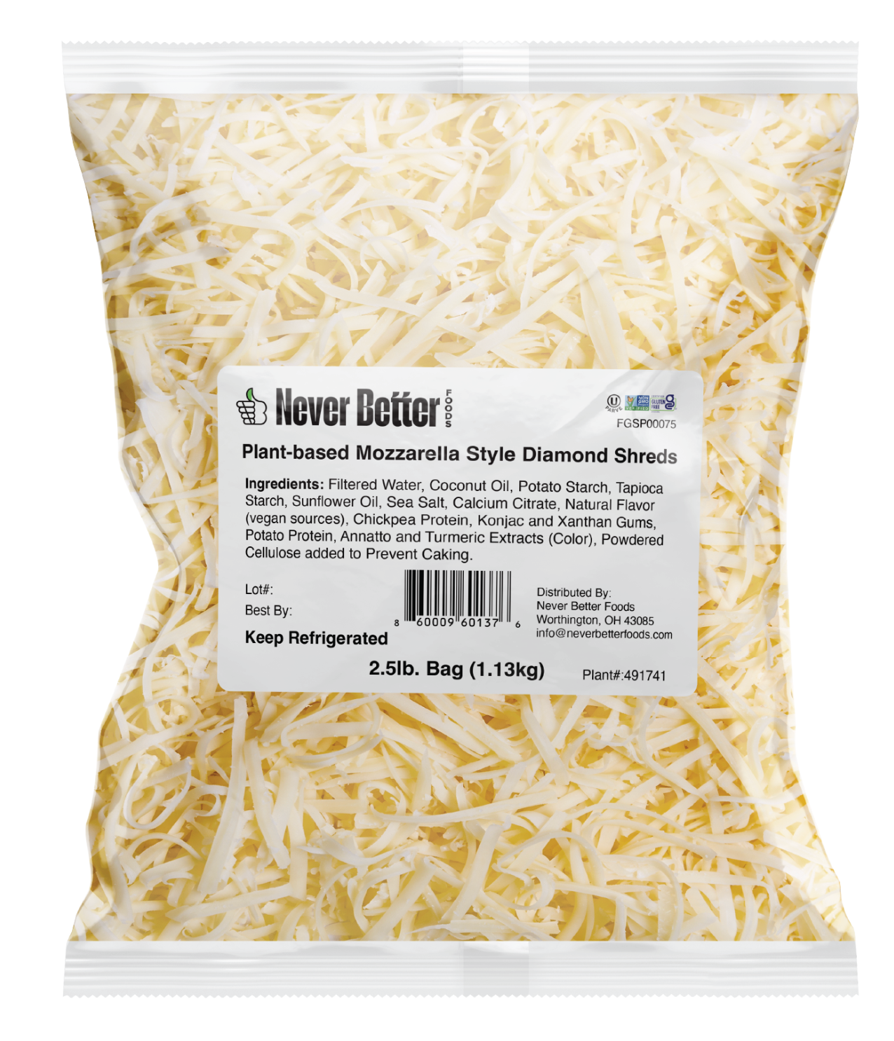 Never Better Plant Based Shredded Mozzarella Cheese 1 Bag (2.5 lb)