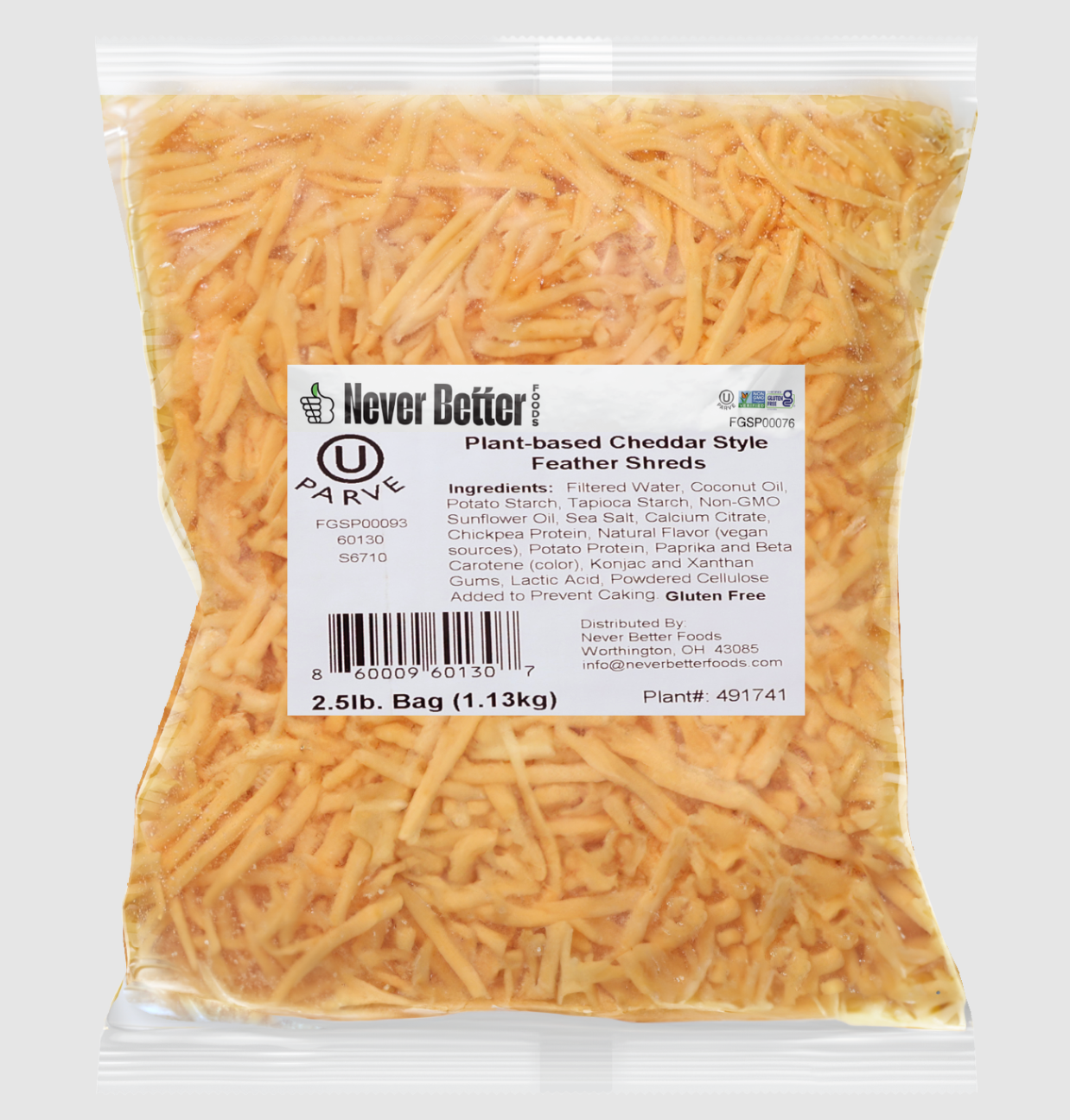 Never Better Plant Based Shredded Cheddar Cheese Pack of 1 (2.5 lb Each)