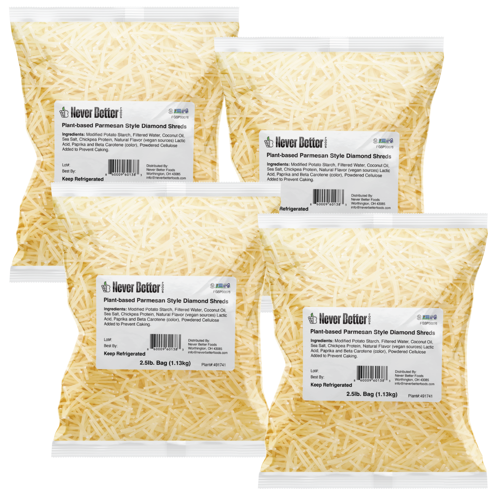 Never Better Plant Based Shredded Parmesan Cheese Pack of 4 (2.5 lb Each)