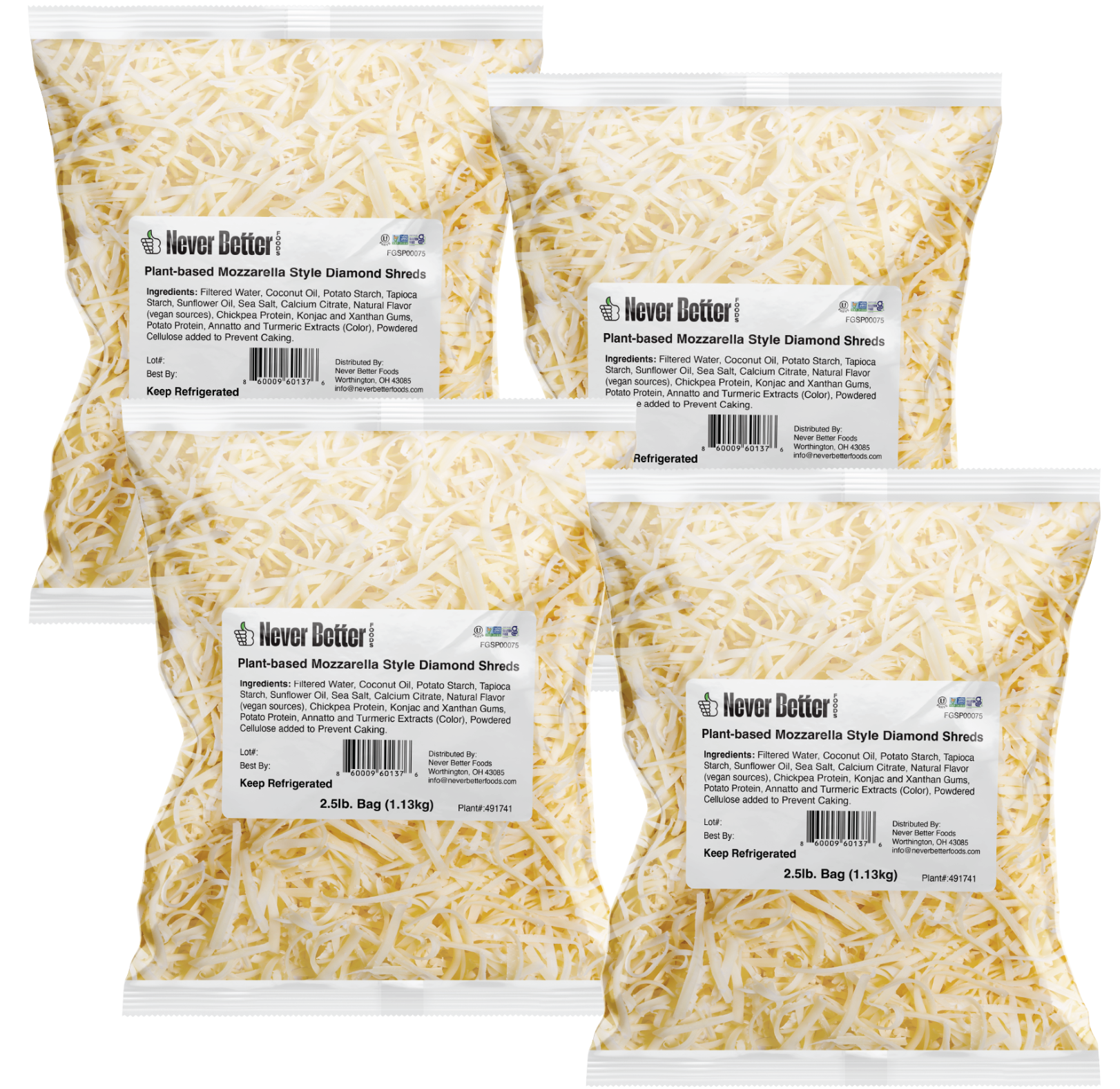 Never Better Plant Based Shredded Mozzarella Cheese Pack of 4 (2.5 lb Each)